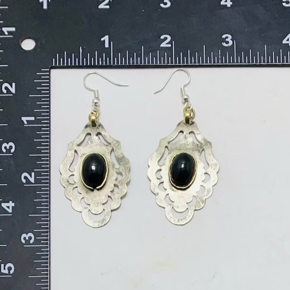 Vintage Turkmen Earrings With Black Onyx, Silver Boho Dangling Earrings, Turkmen - Picture 6 of 9